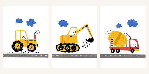 Cute baby boy posters with cars- excavator, tractor, concrete mixer in cartoon style. Scandinavian style. Vector set with automobile for fabric, textile, postcard, apparel, wall art, kids room design