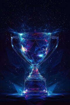 Abstract glowing trophy cup in futuristic digital wireframe design