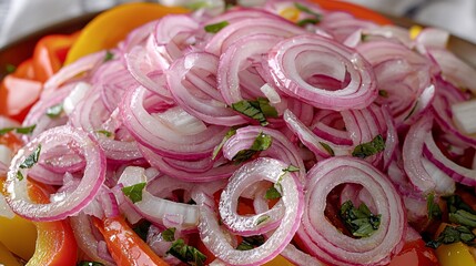 close-up of a fresh garden salad with purple onion slices, bell peppers, and vinaigrette, showcasing a healthy meal option. Yes Onion, Food made from onion 