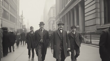 Three men in suits walk down a busy city street in a vintage black and white photo.