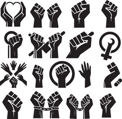 Human Rights Day strong hands silhouette icon set