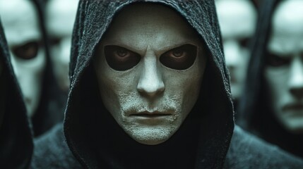 A man with a mask on his face stands in front of a group of people