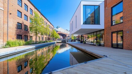 Fototapeta premium Modern architecture reflects in canal, urban renewal project