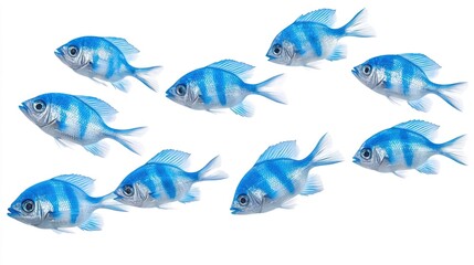 Group of Colorful Blue Fish Swimming Together in Clear Water