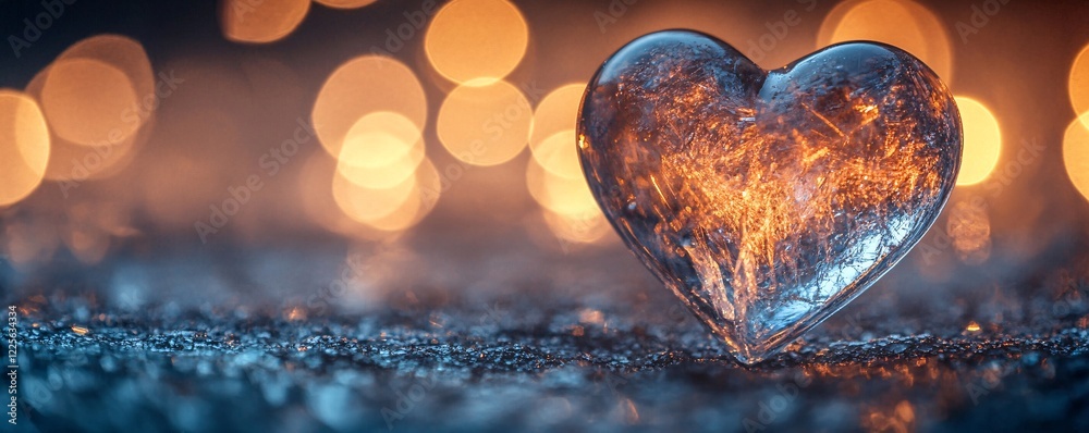 Poster icy heart emitting light from within against a dark, shimmering backdrop with bokeh