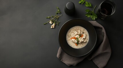 Bowl of soup with spoon and napkin on a wooden table in a dining setting