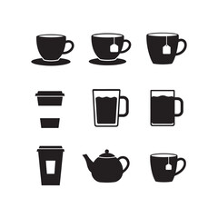 coffee mug tea cup and kettle pot icon collection set silhouette vector flat design element