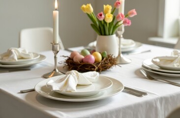 Festively decorated table for Easter in pastel colors: Easter eggs, dishes, tablecloth, delicate flowers in a vase, napkins folded in the shape of Easter bunny ears