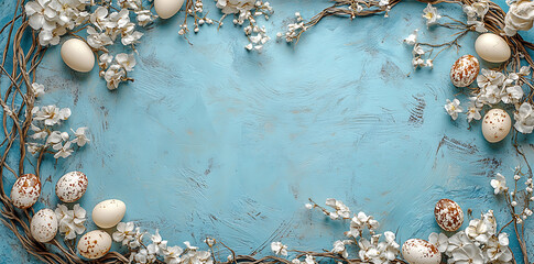 Fototapeta premium A beautiful overhead shot of Easter eggs and delicate white flowers arranged on a light blue textured wooden surface