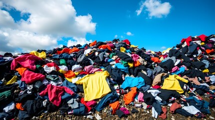 A large pile of discarded clothing in a landfill, symbolizing waste and environmental pollution