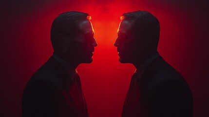 Fototapeta premium Two men are standing in front of a red background