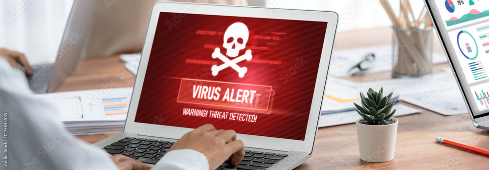 Poster Virus warning alert on computer screen detected brisk cyber threat , hacker, computer virus and malware