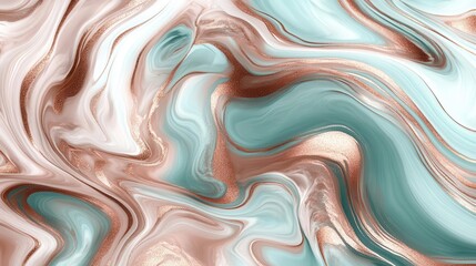 Obraz premium abstract fluid art with rose gold and turquoise swirls, organic flowing patterns creating ethereal marble effect