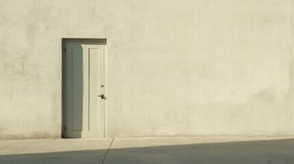 A single white door set in a large, light beige wall under sunlight.