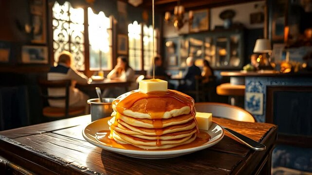 A heap of dutch pancakes with syrup dripping displayed in an old fashioned cafe in Amsterdam the Netherlands
