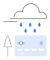 Cloud releasing drops onto a blue credit card with contactless chip, next to a tree outline. Ideal for sustainability, finance, digital payments, eco-technology, modern banking, online transactions