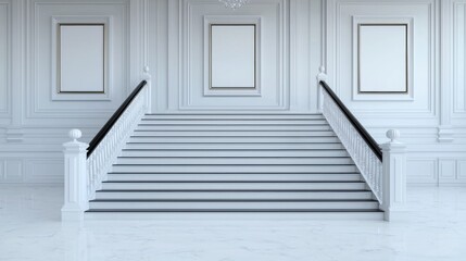 Fototapeta premium A minimalist interior featuring a grand staircase with white walls and empty frames, exuding elegance and sophistication.