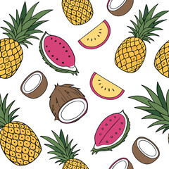 a vibrant flat design vector pattern featuring a mix of tropical fruits such as pineapples, mangoes, coconuts, and dragon fruits arranged symmetrically on a white background