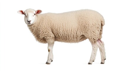 Fototapeta premium Sheep Standing on White Background with Fluffy Wool and Cute Face