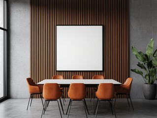 A modern conference room featuring a sleek table, orange chairs, and a blank wall space perfect for presentations.