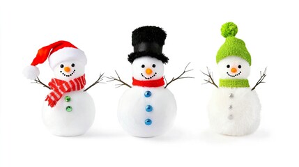 Festive Snowman Trio with Colorful Accessories and Cheerful Expressions
