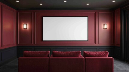 A cozy home theater featuring a blank screen, red walls, and plush seating, perfect for an immersive movie experience.