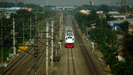 Beautiful view of train on rails in the city