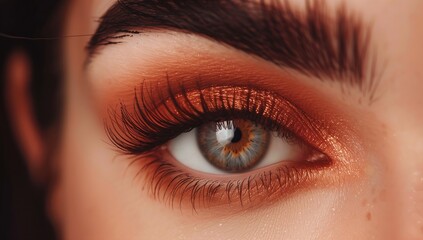 Obraz premium A close-up of an eye with eyelashes, a brown and copper eye shadow makeup look.