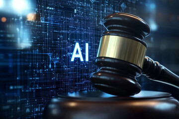 Wooden judicial gavel tap against technology AI background. Modern laws and legal regulations in US.