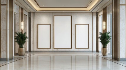 Fototapeta premium A modern hallway featuring blank framed spaces, elegant lighting, and decorative plants, showcasing minimalist design elements.