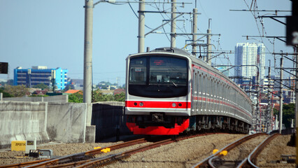 Fototapeta premium Beautiful view of train on rails in the city