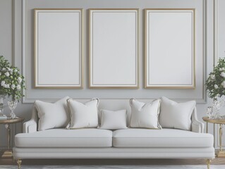 A serene living room featuring a light sofa with plush pillows, framed empty artworks, and stylish greenery accenting the soft, elegant decor.