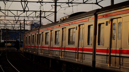 Fototapeta premium Beautiful view of train on rails in the city
