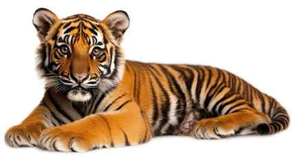Obraz premium Young Tiger Relaxing on White Background in Natural Pose