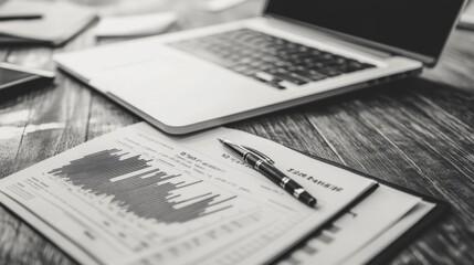 Black and white image of a laptop, pen, and financial documents on a wooden desk.