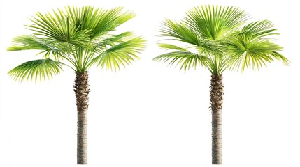 Fototapeta premium Two Lush Palm Trees with Green Fronds Isolated on White Background