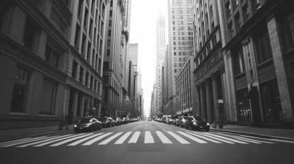 Black and white photo of a city street with tall buildings and crosswalk.