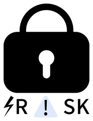 Black padlock with keyhole above RISK text featuring an alert symbol. Ideal for cybersecurity, data protection, online safety, risk management, secure communication, system alerts, and security