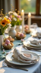 Naklejka premium Festively decorated table for Easter in pastel colors: Easter eggs, dishes, tablecloth, delicate flowers in a vase, napkins folded in the shape of Easter bunny ears