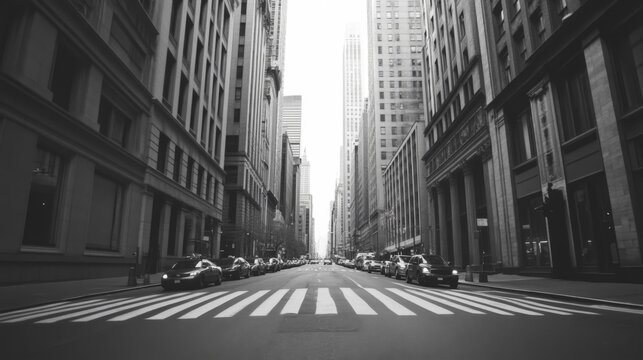 Fototapeta Black and white photo of a city street with tall buildings and crosswalk.