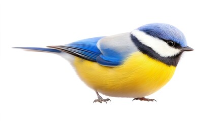 Colorful Blue and Yellow Small Bird on White Background with Detail