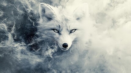 Naklejka premium arctic fox in winter coat emerging from snowstorm, crystalline frost details, mysterious gaze