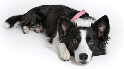 Cute Black and White Dog with Pink Collar Lying on White Surface