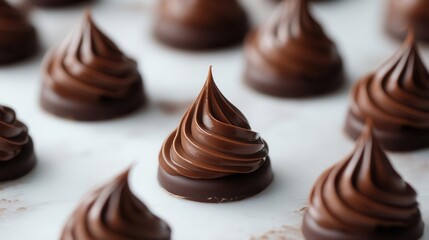 artisanal dark chocolate ganache swirled into perfect peaks, rich velvety texture with subtle sheen