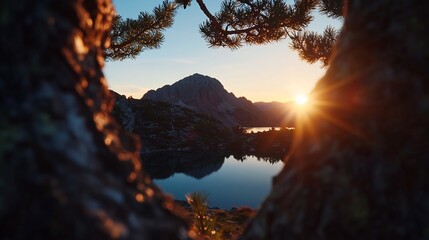 Naklejka premium Majestic Sunrise Over Mountain Lake