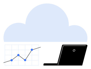 Cloud backdrop, laptop, upward-trending line graph. Ideal for technology, data processing, cloud services, analytics, growth trends remote work innovation. Abstract line flat metaphor