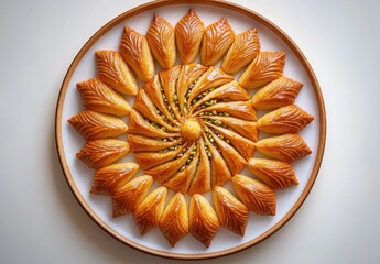 Exquisite Round Pastry Arrangement with Golden Layers and Pistachio Filling on a Wooden Plate Surrounded by Elegant Leaf Shapes