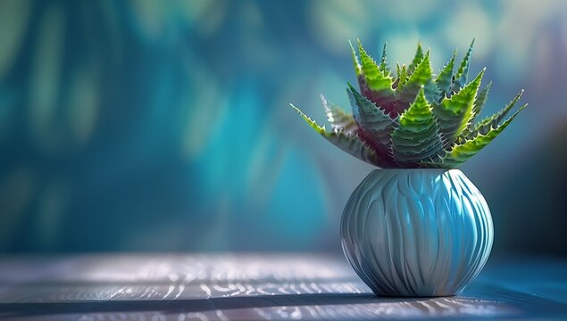 3D rendering of Aloe Gonzalez in a ceramic pot on a table against a blue background.