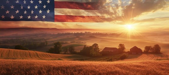 A beautiful American flag with the sun setting behind it, with rolling hills in front of it The sky is cloudy and dramatic In the foreground, we see an old farm scene with trees Generative AI