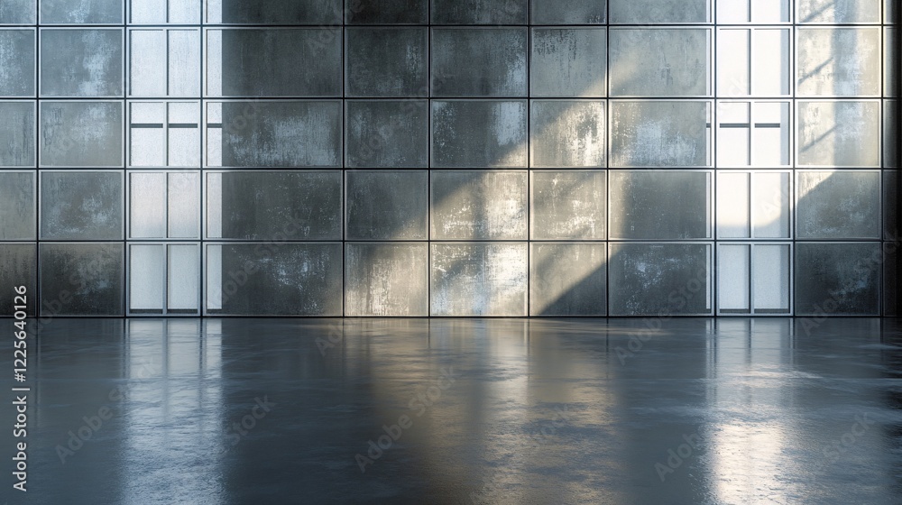 Poster sunlight streaming through the windows of a vacant room with a concrete wall